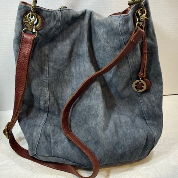Lucky Brand BOHO Large Distressed Braided Leather Strap Blue Tote Shoulder Bag - Picture 2 of 16